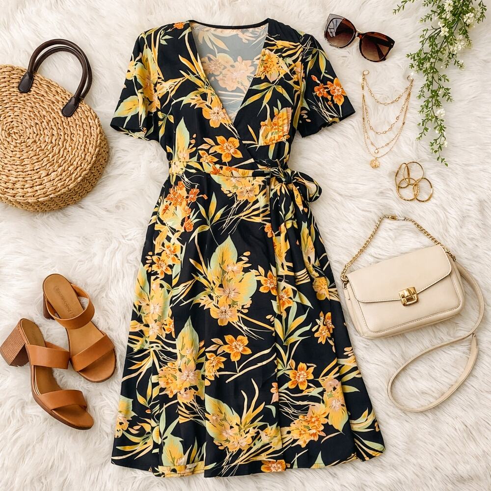 Cotton Candy Black Floral Wrap Summer Dress Size S